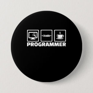 Programmer schrijft code en Drink koffie Ronde Button 7,6 Cm