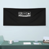 Programmer schrijft code en Drink koffie Spandoek (Beurs)