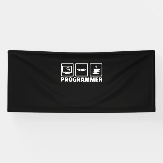 Programmer schrijft code en Drink koffie Spandoek (Horizontaal)