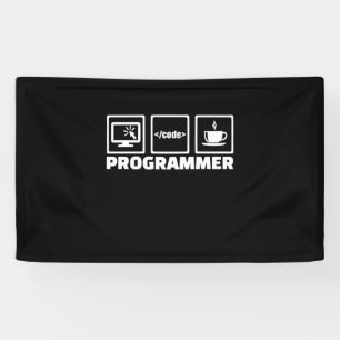 Programmer schrijft code en Drink koffie Spandoek