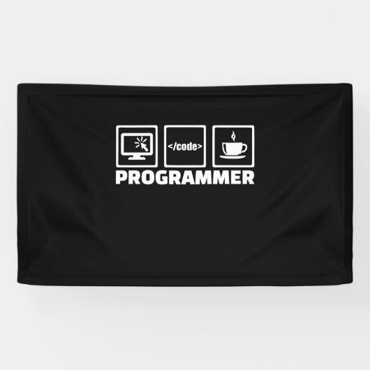 Programmer schrijft code en Drink koffie Spandoek (Horizontaal)