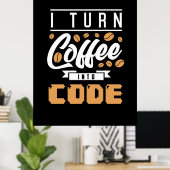 Programmer zet koffie in code poster (Thuiskantoor)