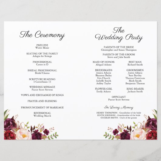 Programmes de mariage à la florale rose et marsala (Dos)