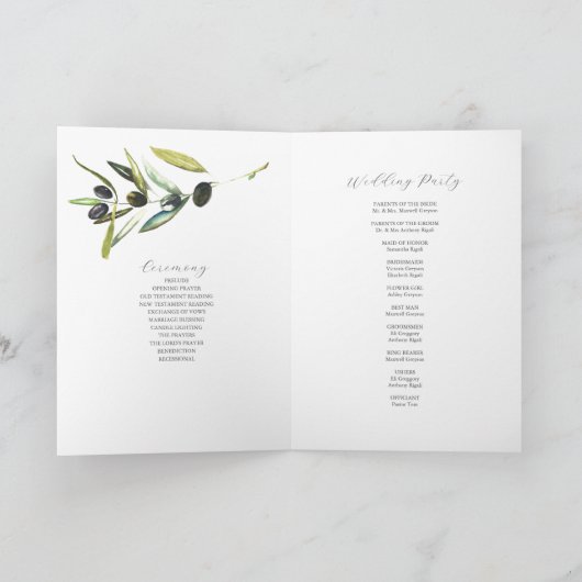Programmes de mariage Aquarelle Olive plié (Intérieur)