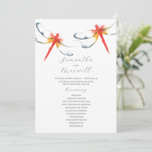Programmes de mariage Aquarelle rouge libellule (Debout devant)