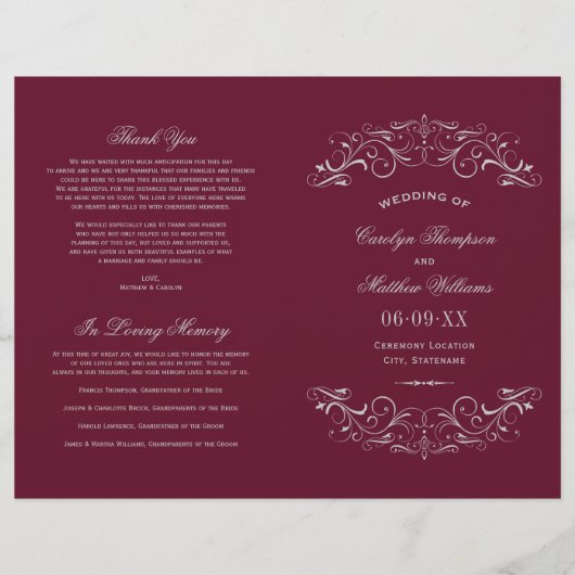 Programmes de mariage argentés vintage bordeaux (Devant)