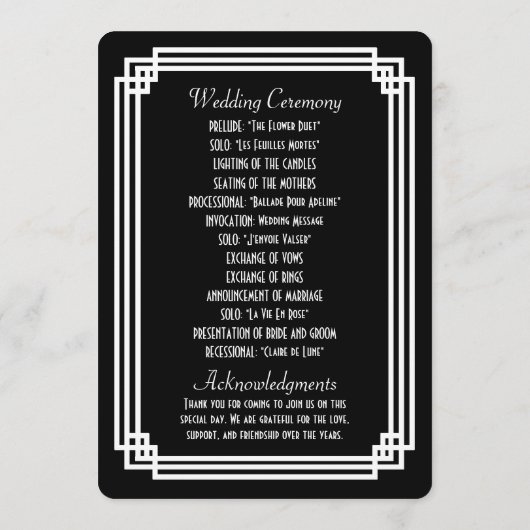 Programmes de mariage Art Déco Noir & Blanc simple (Dos)