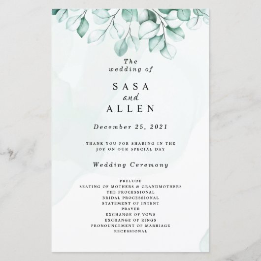 Programmes de mariage au eucalyptus vert (Devant)