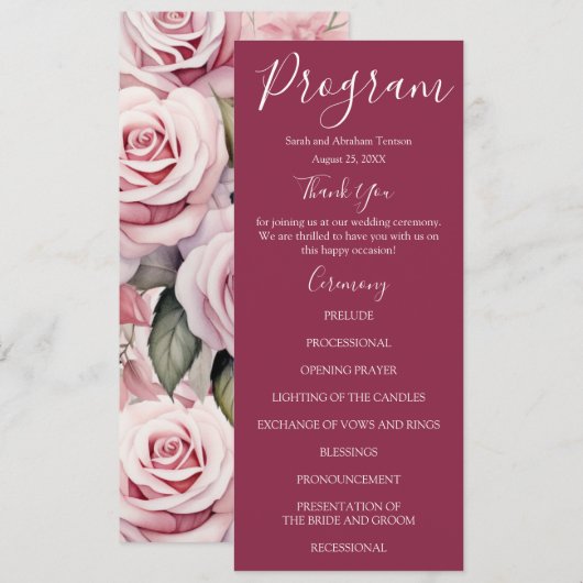 Programmes de mariage avec des roses roses mauves (Devant / Derrière)