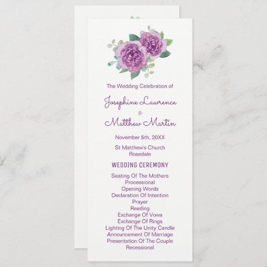 Programmes de mariage avec Rose d'aquarelle violet (Devant / Derrière)