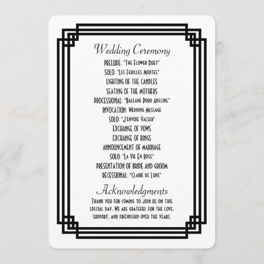 Programmes de mariage blanc et noir Art déco simpl (Dos)