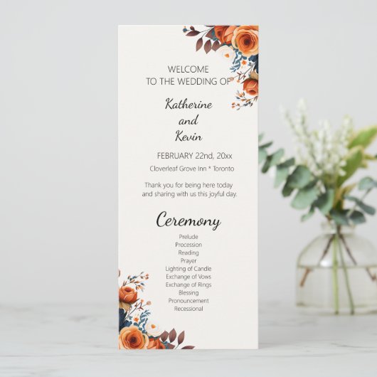 Programmes de mariage bleu marine moderne et orang (Debout devant)