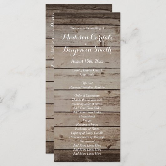 Programmes de Mariage campagnard rustique en bois  (Devant / Derrière)