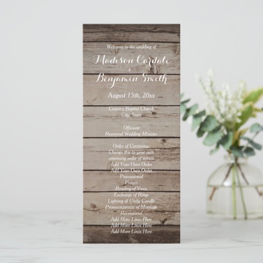 Programmes de Mariage campagnard rustique en bois  (Debout devant)