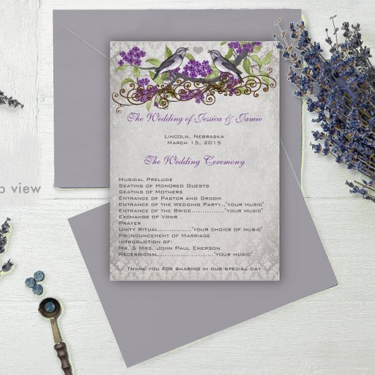 Programmes de mariage damassés oiseaux vintage vio