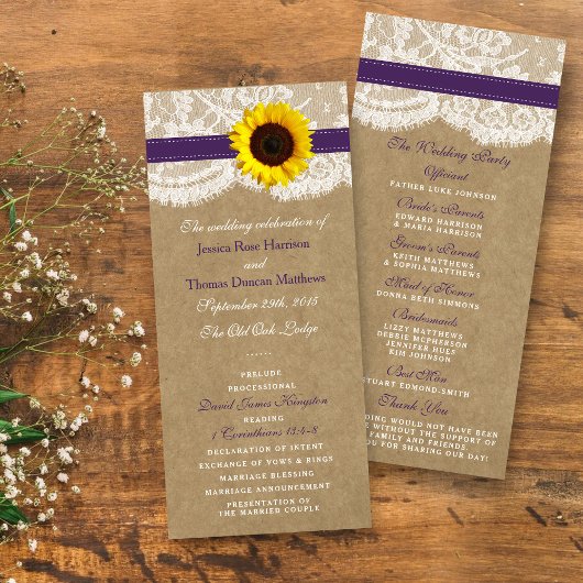 Programmes de mariage de tournesol Kraft, dentelle
