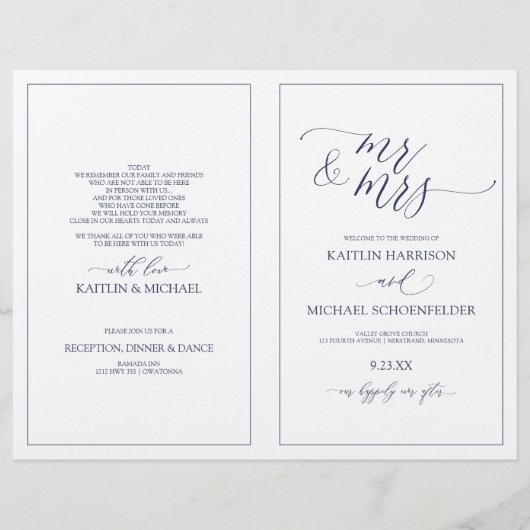 Programmes de mariage élégant Script maigre Marine (Devant)