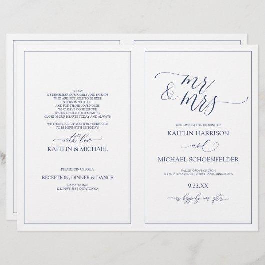 Programmes de mariage élégant Script maigre Marine (Devant / Derrière)