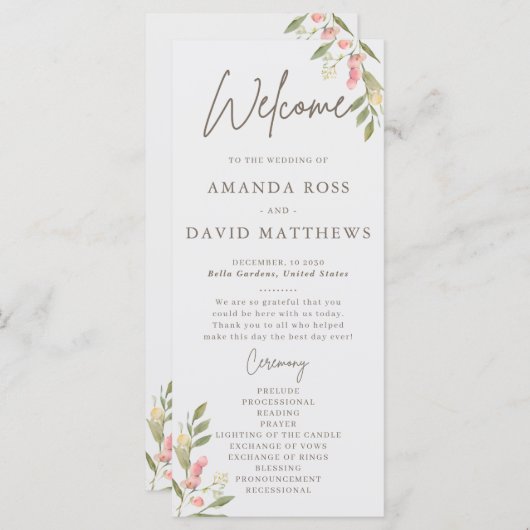 Programmes de mariage élégants aux fleurs simples (Devant / Derrière)