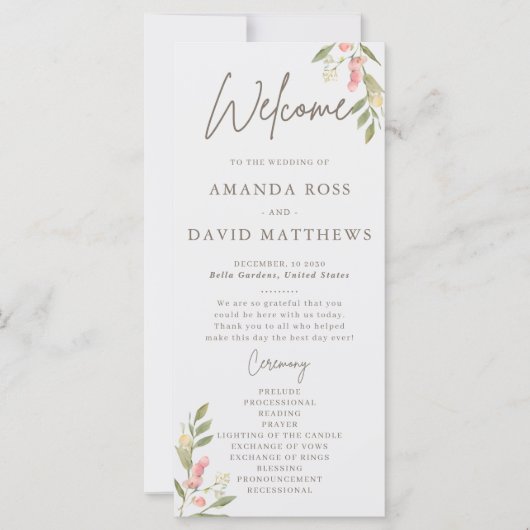 Programmes de mariage élégants aux fleurs simples (Devant)