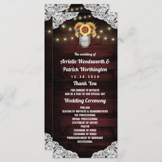 Programmes de mariage en bois et jarres de maçon t (Devant / Derrière)