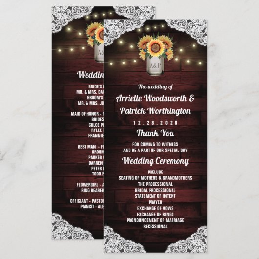 Programmes de mariage en jarre de maçon tournesol  (Devant / Derrière)