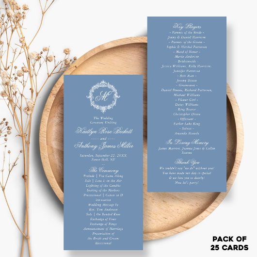 Programmes de mariage en toile de Jouy bleue vinta