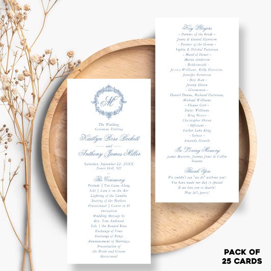 Programmes de mariage en toile de Jouy bleue vinta