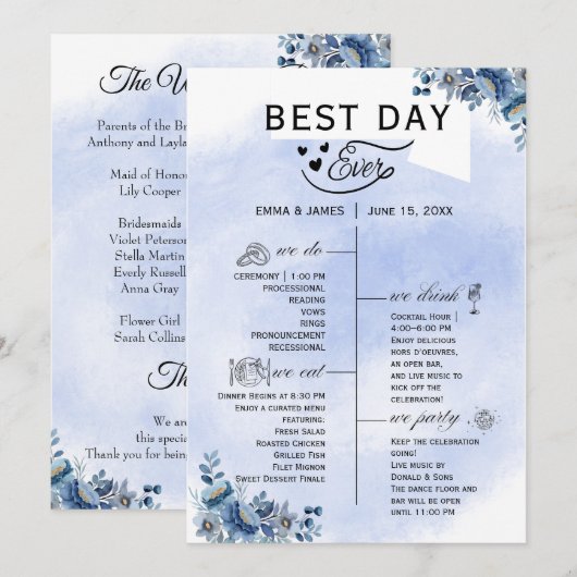 Programmes de mariage floral bleu chic (Devant / Derrière)