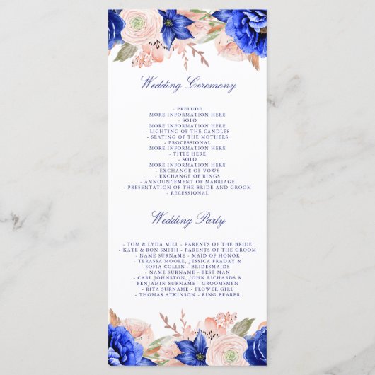 Programmes de mariage floral rose et marine (Dos)