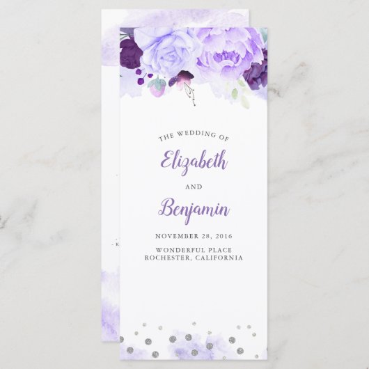 Programmes de mariage floral violet et argenté (Devant / Derrière)