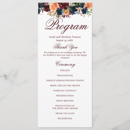 Programmes de mariage floraux en bordeaux or et ma (Devant)