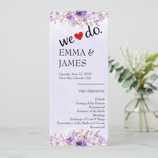Programmes de mariage floraux violets chic (Debout devant)