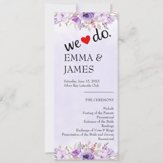 Programmes de mariage floraux violets chic (Devant)