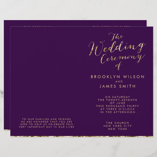 Programmes De Mariage Gold Foil Et Dark Purple (Devant / Derrière)