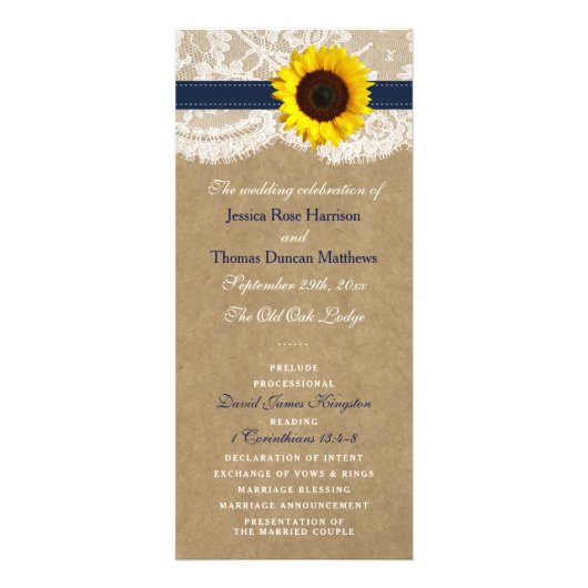 Programmes de mariage Kraft, dentelle et bleu mari (Devant)