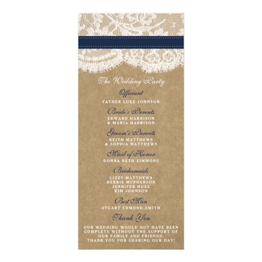 Programmes de mariage Kraft, dentelle et bleu mari (Dos)