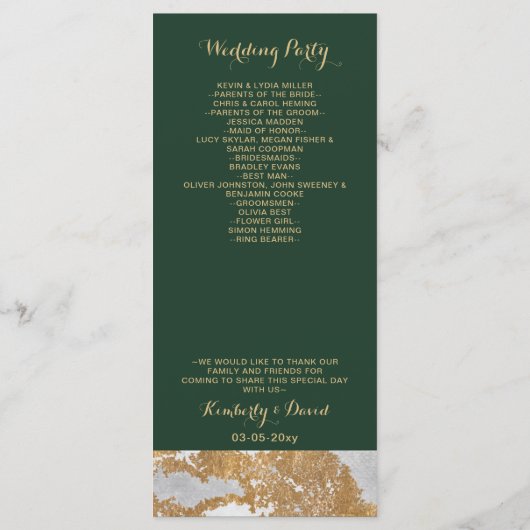 Programmes de mariage marbré vert et or (Dos)