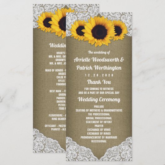 Programmes de mariage rustiques en toile de jute e (Devant / Derrière)