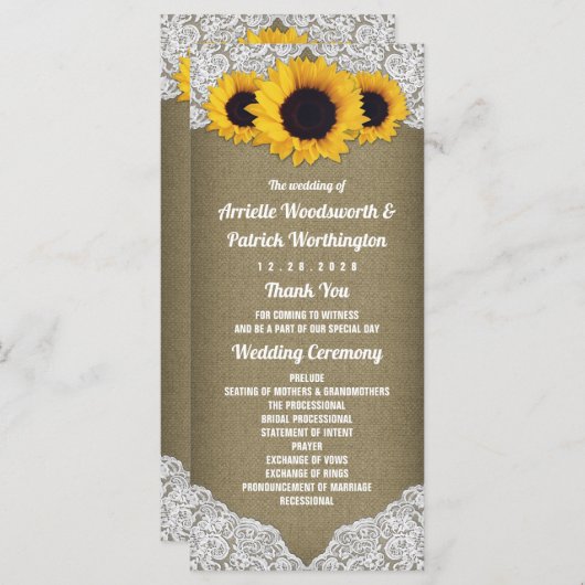 Programmes de mariage rustiques tournesol toile de (Devant / Derrière)