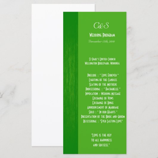 Programmes de mariage vert/vert pour le grain de b (Devant / Derrière)
