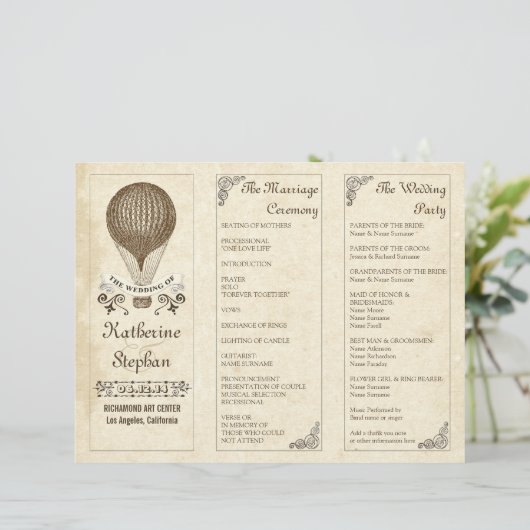 Programmes de mariage vintages en montgolfière (Debout devant)