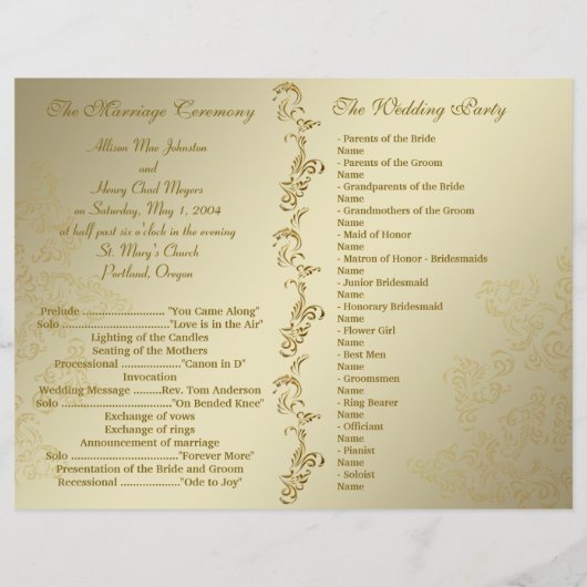 Programmes vintages de mariage d'or (Dos)