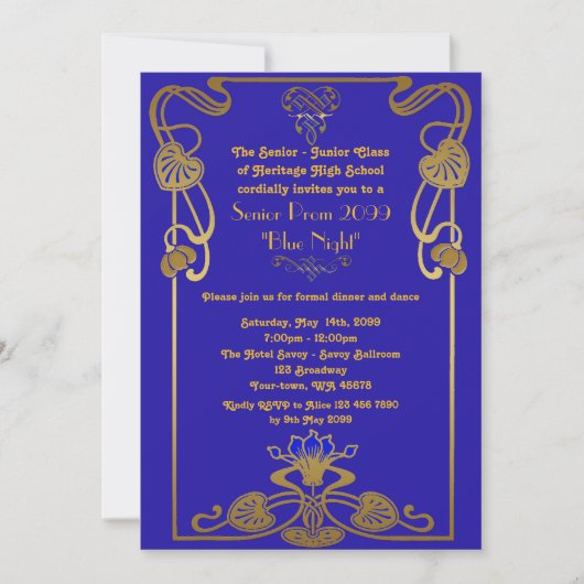 Prom senior, Gatsby-stijl, blauw & goud, monogram Kaart (Voorkant)