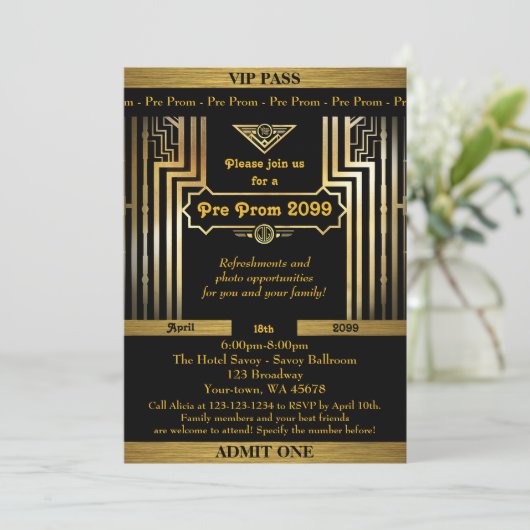 Prom-uitnodiging, Gatsby-stijl, ticket, zwart goud Kaart (Staand voorkant)