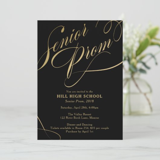 Prom-uitnodiging, zwarte & Gold Script-senior Prom Kaart (Staand voorkant)