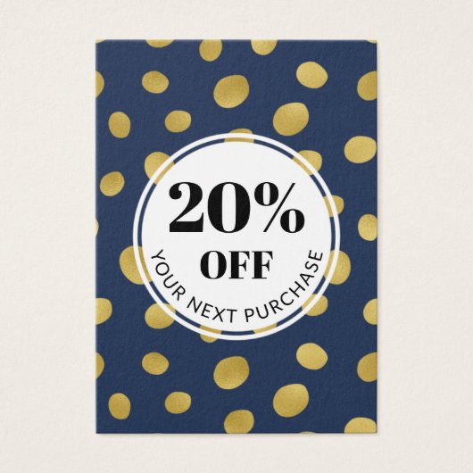 Promo Code marineblauw goudcirkels Korting op cred Visitekaartje (Voorkant)