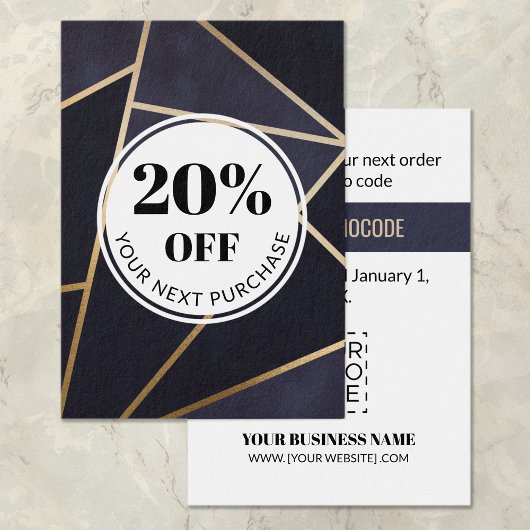 Promo Code Navy Blue Gold Geometric Discount Cards Visitekaartje
