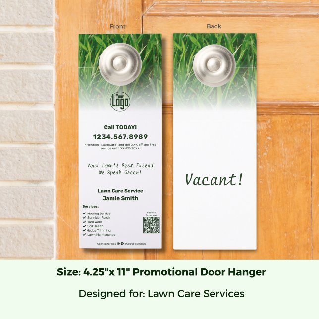 Promotionele gazonverzorgingsservice Aangepaste Lo (Promotional Lawn Care Service Custom Logo Door Hanger, Image, QR, List, CTA; Size 4.25 x 11 Inch)