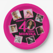 Proost 40ste verjaardag 8 foto naam roze zwart papieren bordje (Voorkant)
